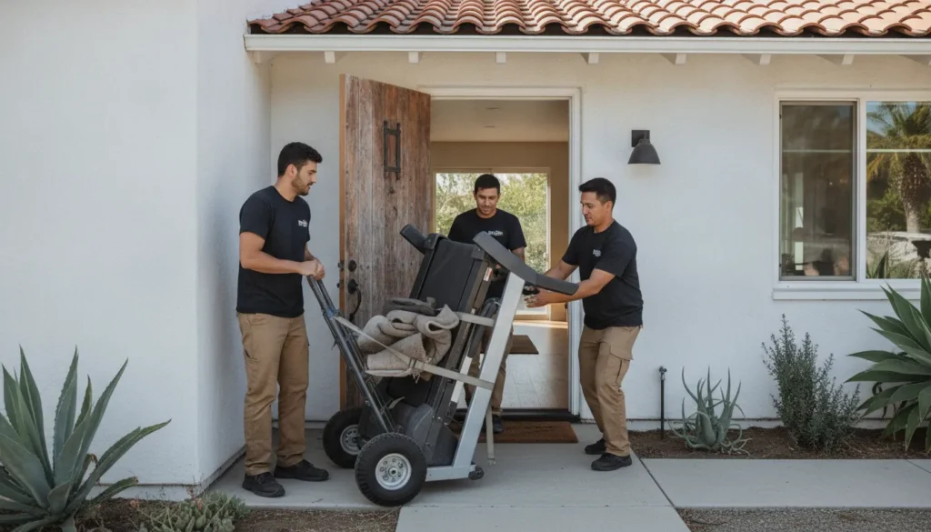 Treadmill removal crew safely moving fitness equipment from a home