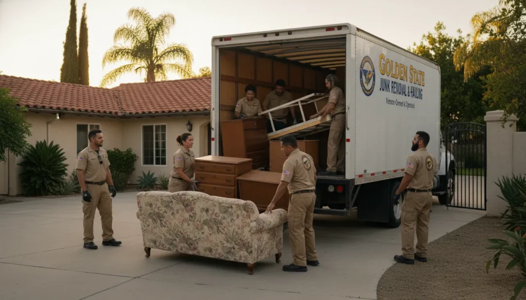 Veteran owned junk removal crew loading household items at a California home