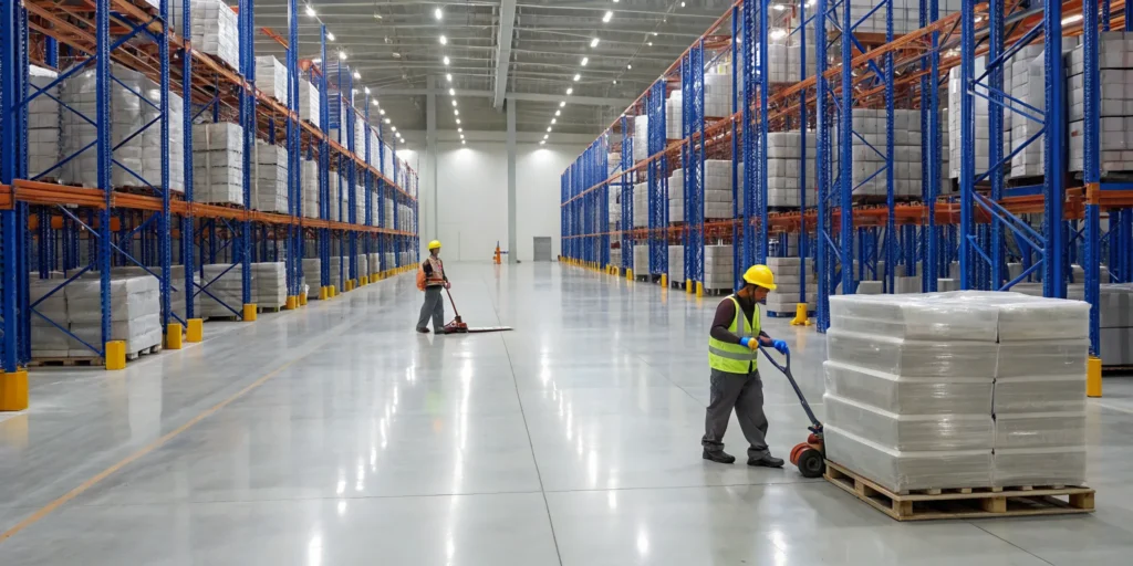 Professional crew performing warehouse cleanout services, moving pallets in an organized facility.