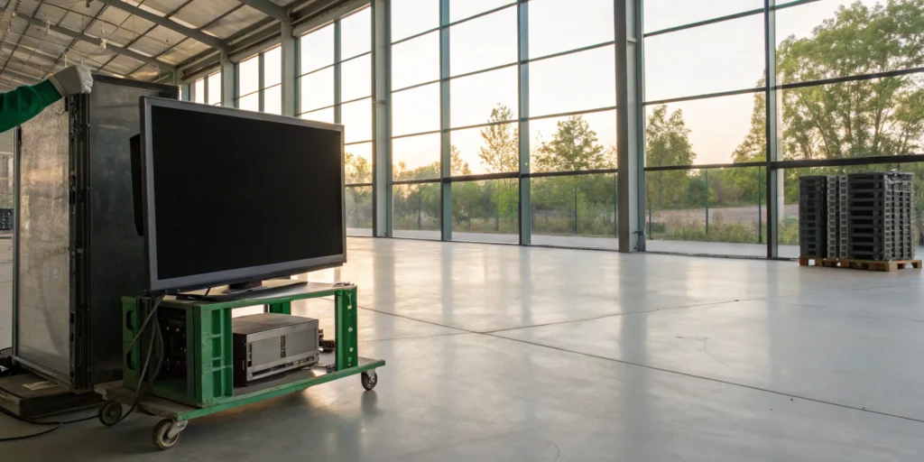 Where to recycle a TV: an old television on a cart inside a recycling facility.