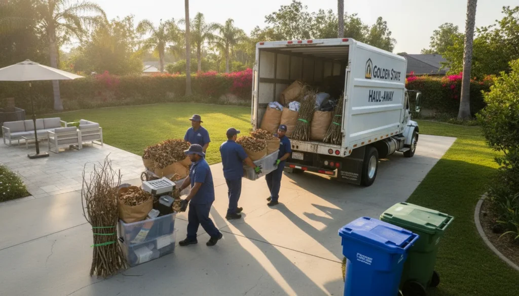 Junk removal crew hauling yard waste from a side yard
