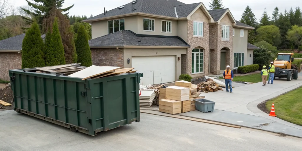 Proper residential construction waste disposal with a dumpster at a home renovation site.