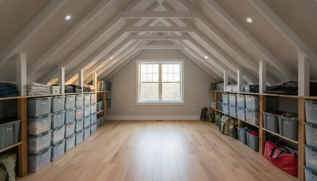 A clean, bright, and organized residential attic space