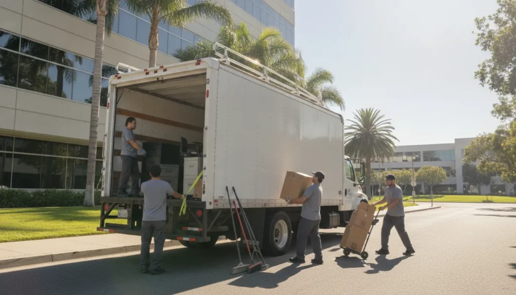 Professional junk removal team loading a truck outside a commercial building