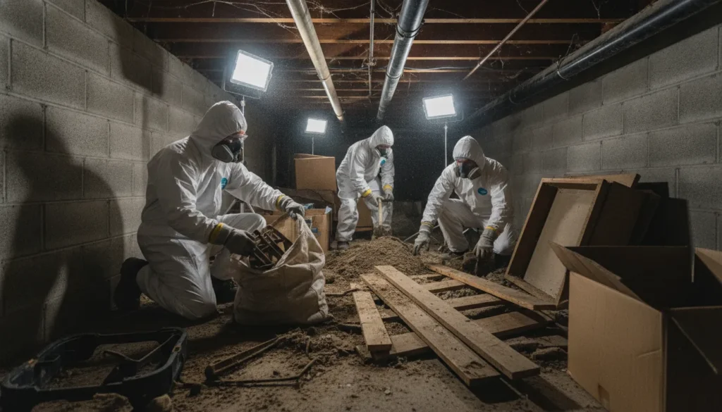 Professional junk removal crew in protective gear working in a residential crawl space