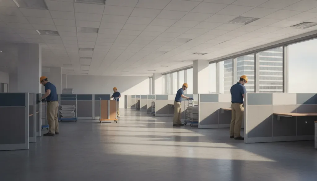 Professional crew completing cubicle removal in an office