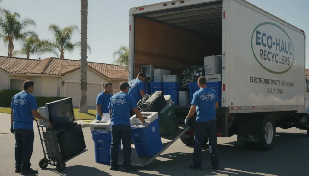 Professional veteran junk removal team loading computer monitors and electronics into a truck