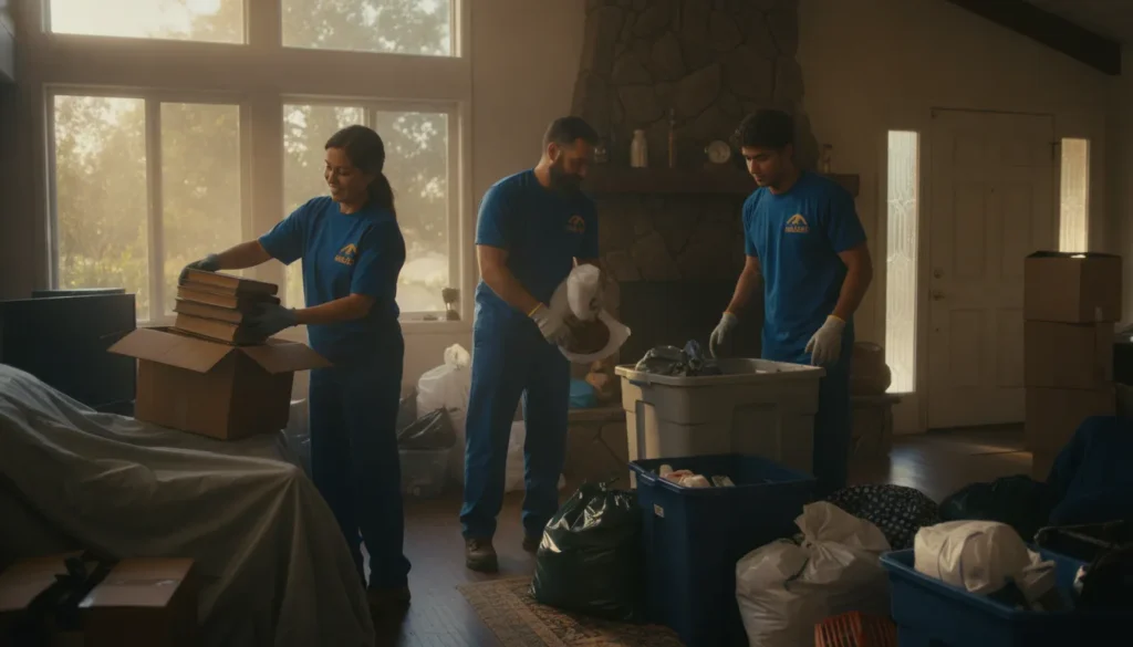 Professional junk removal team carefully clearing clutter from a California home with compassion and respect
