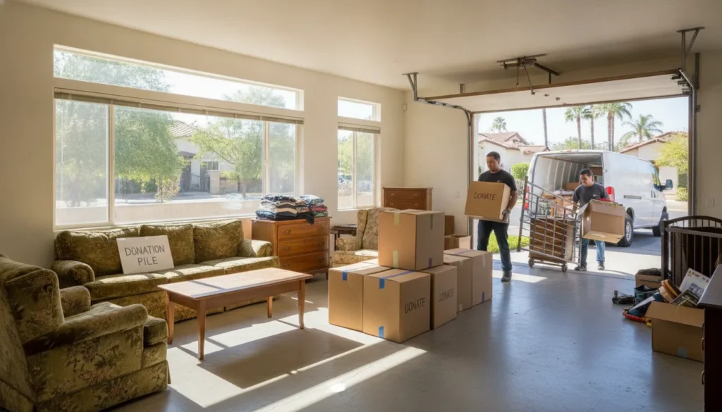 A California homeowner preparing furniture for donation with boxes and items stacked in a clean living room