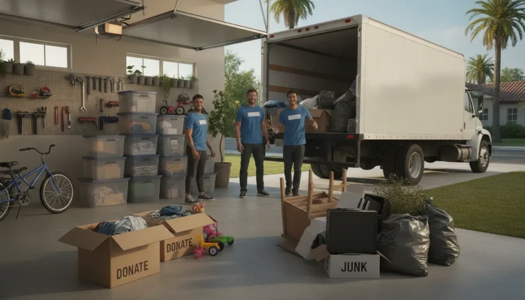 Organized California garage with junk removal team loading items onto a truck