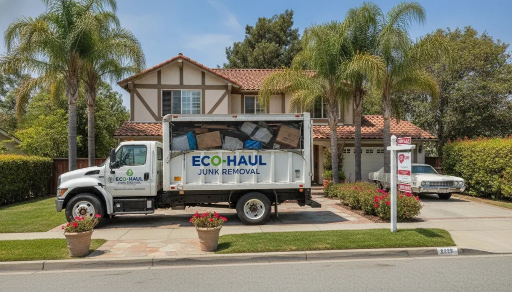 Professional junk removal for real estate agents California with a truck parked at a home for sale