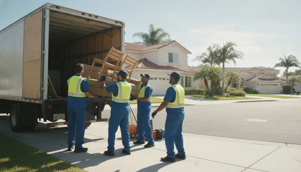 Junk removal team loading furniture onto a truck at a California home