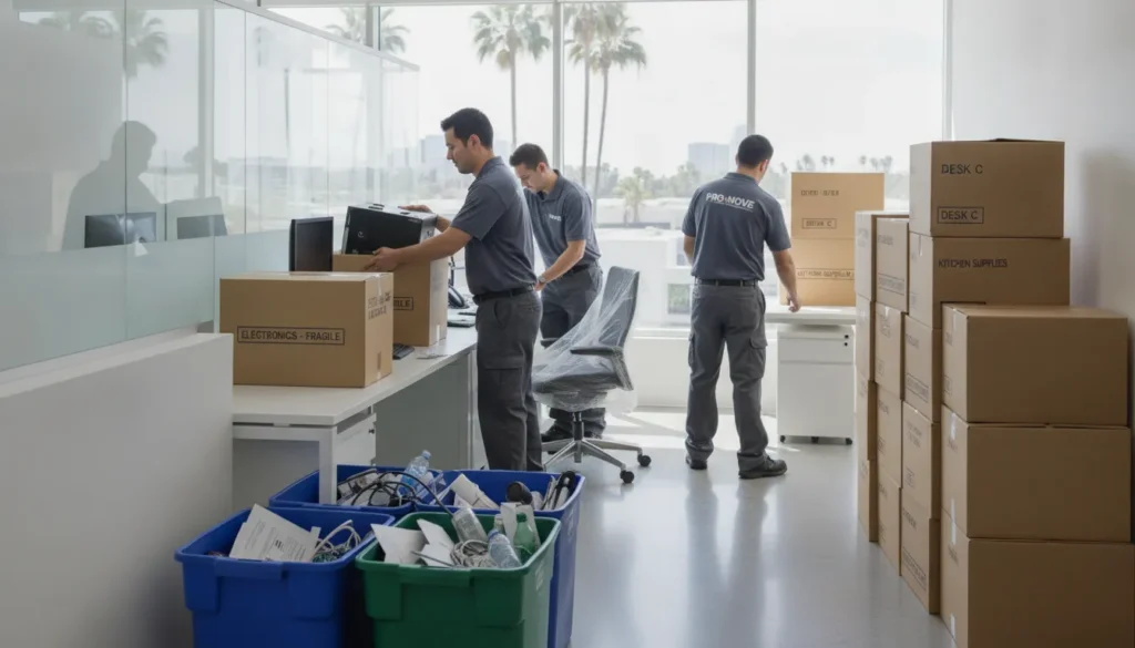 Professional office decommissioning team packing electronics and furniture in a bright California office space