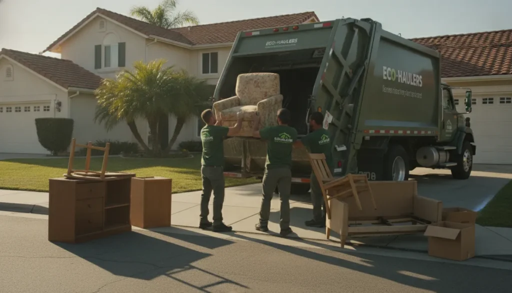 Junk removal team loading old furniture onto a truck in a California driveway