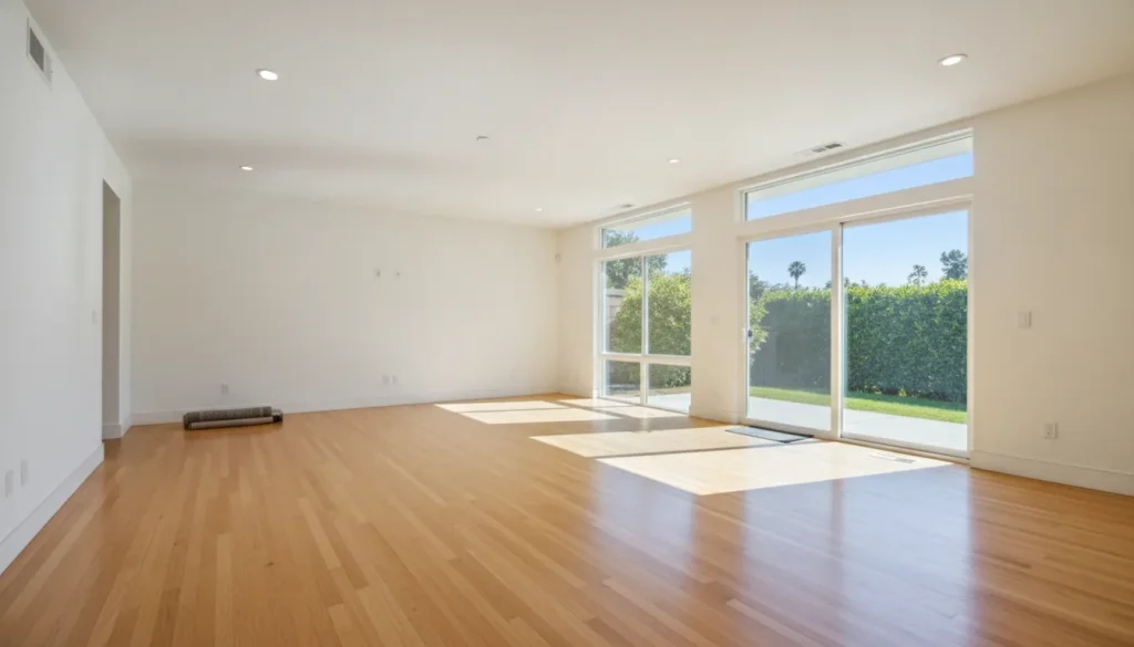 Bright empty living room with hardwood floors cleaned and ready for staging after professional junk removal