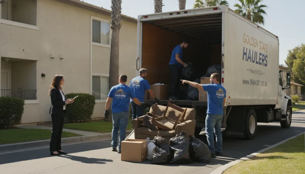 Junk removal crew loading furniture from an apartment into a truck near a California apartment building