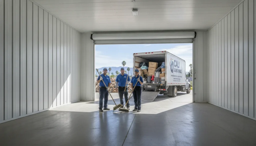 Professional junk removal team cleaning out a storage unit in California