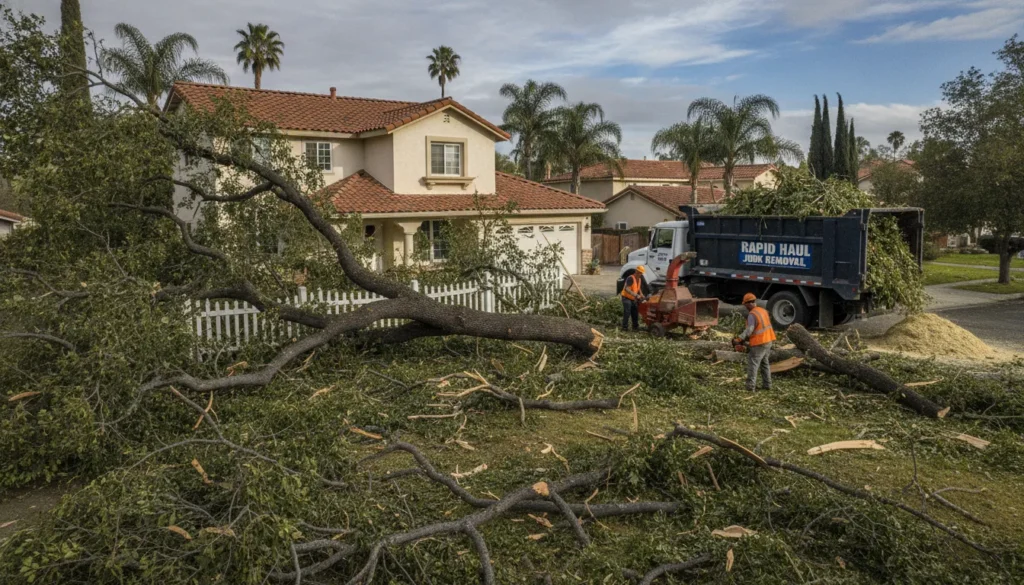 Professional storm damage cleanup crew clearing fallen tree branches and debris from a California suburban yard