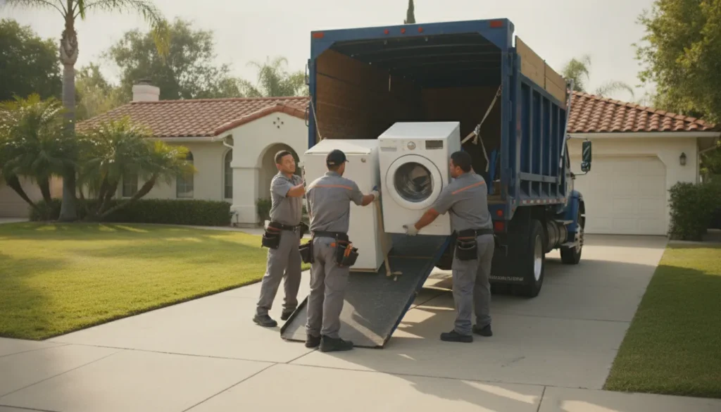 Professional junk removal team loading a refrigerator and washing machine onto a truck in a California neighborhood