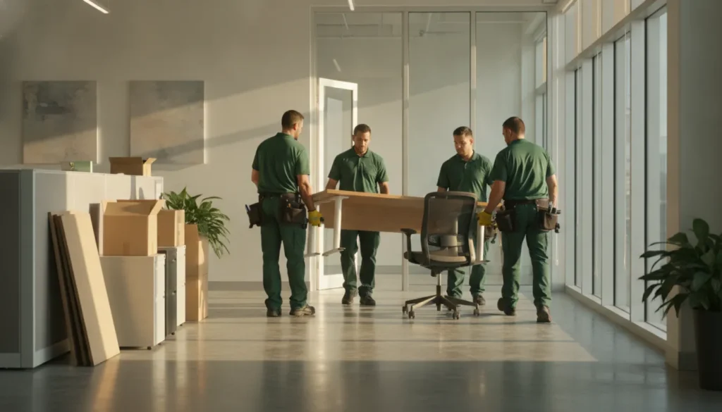 Professional junk removal crew carrying office furniture out of a bright California office during a commercial cleanout