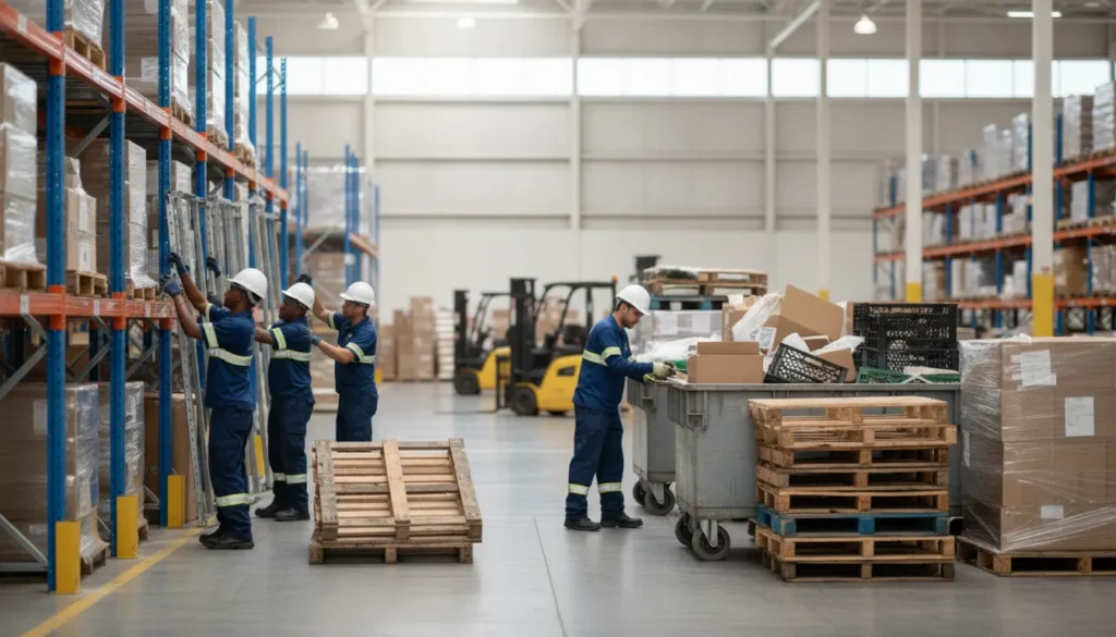 Commercial warehouse junk removal team clearing pallets and shelving
