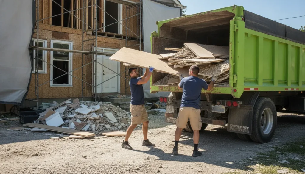 Junk removal workers loading drywall and lumber debris from a home remodel into a truck