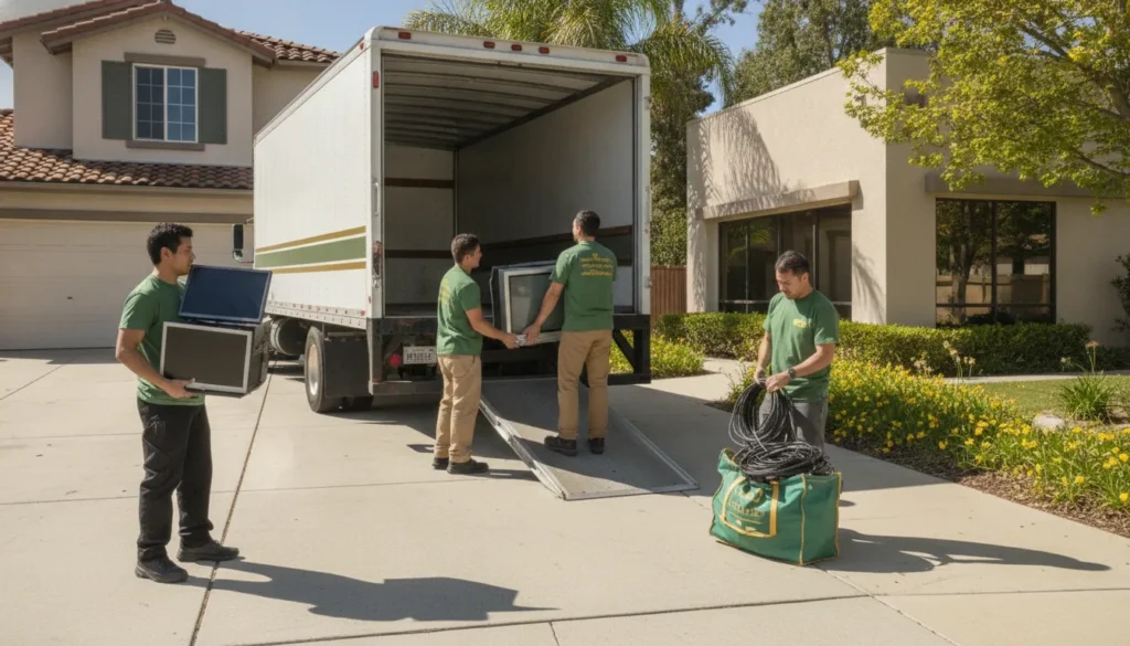 E-waste recycling team loading televisions, monitors, and printers in California