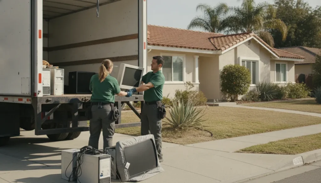Two professional junk removal team members loading monitors and computers into a work truck outside a California home