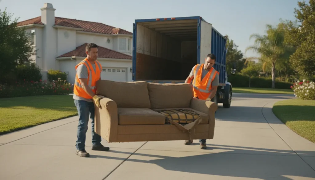 Junk removal crew loading items onto a truck in a driveway