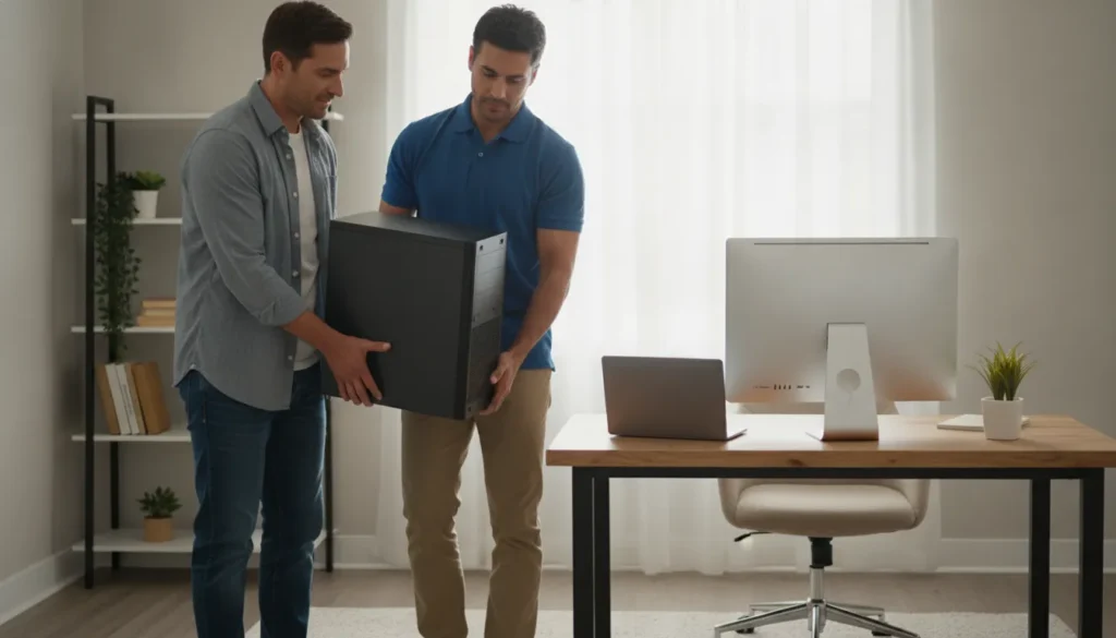 Mover carrying an old computer from a California home office