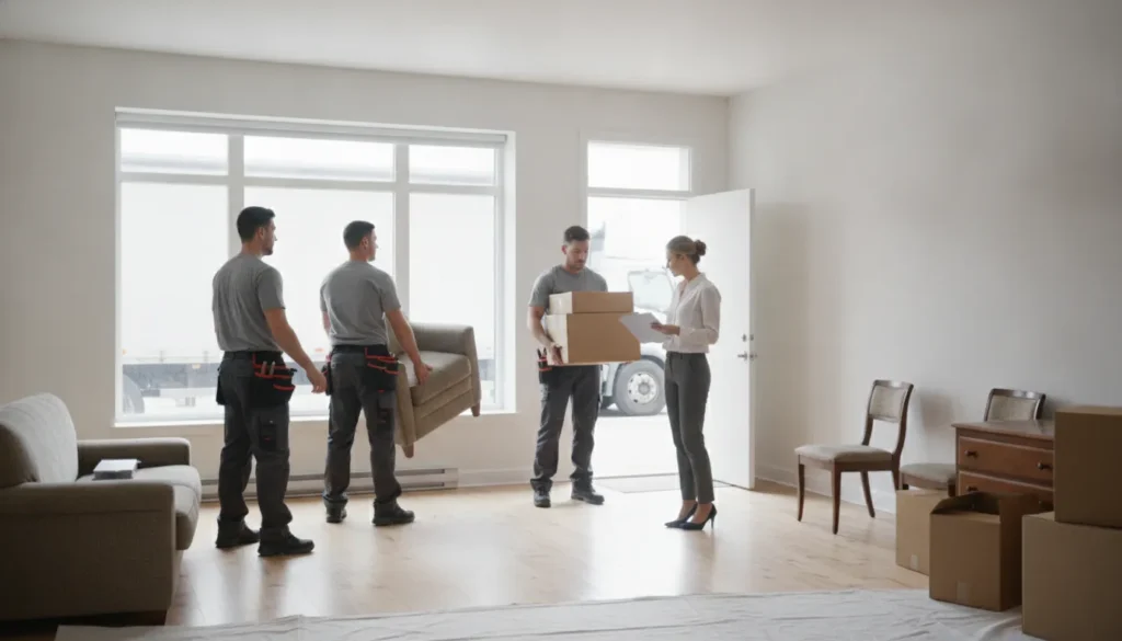 Junk removal crew clearing furniture from an apartment unit during a tenant turnover