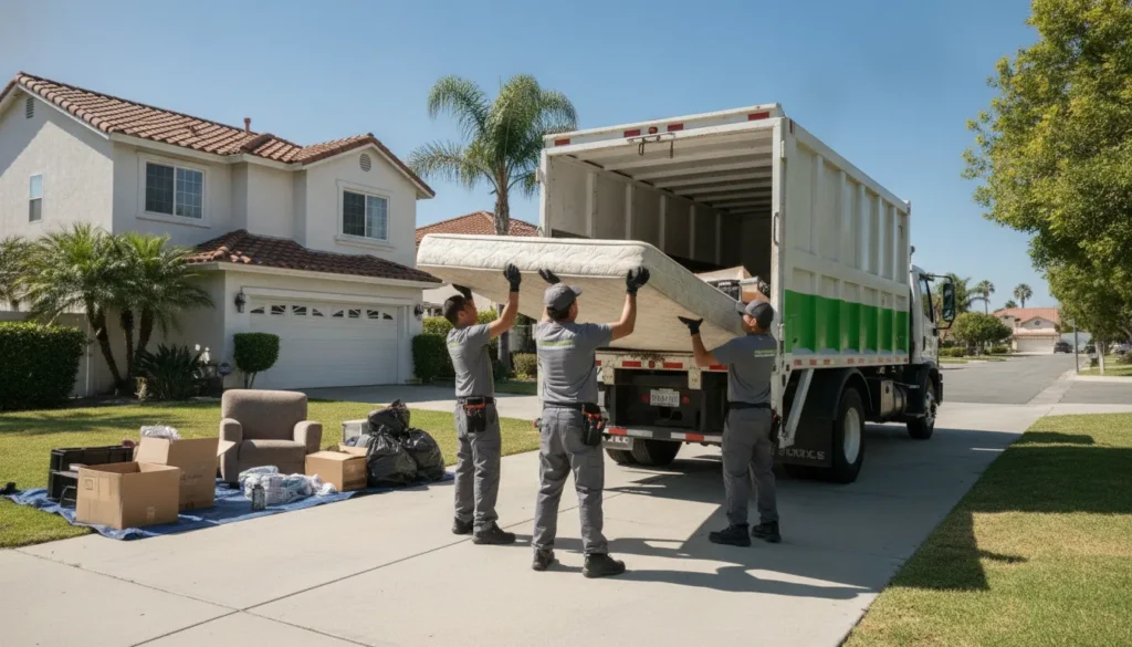 Professional junk removal team loading a mattress into a truck in a California driveway