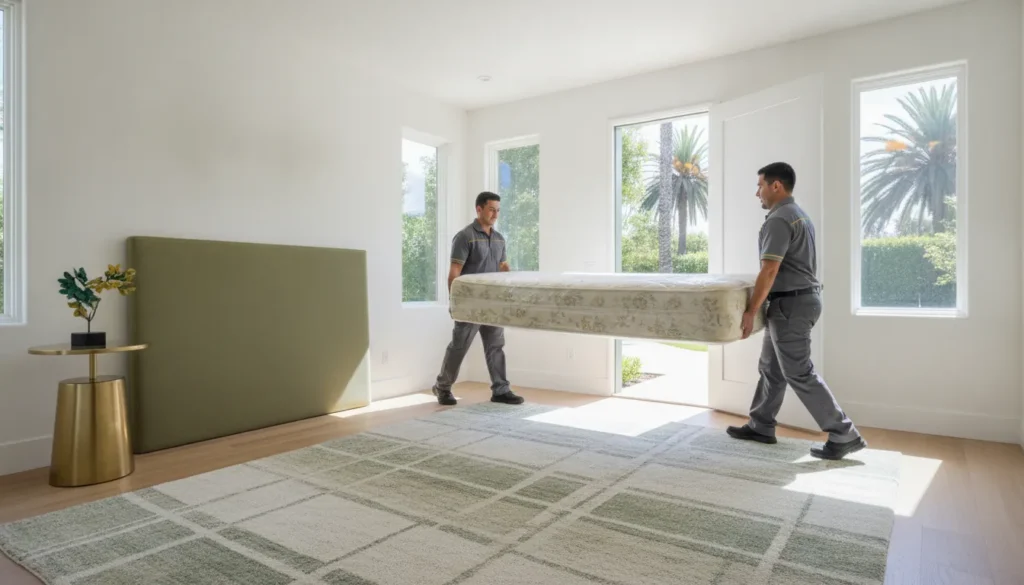 Professional workers carrying a mattress from a California home