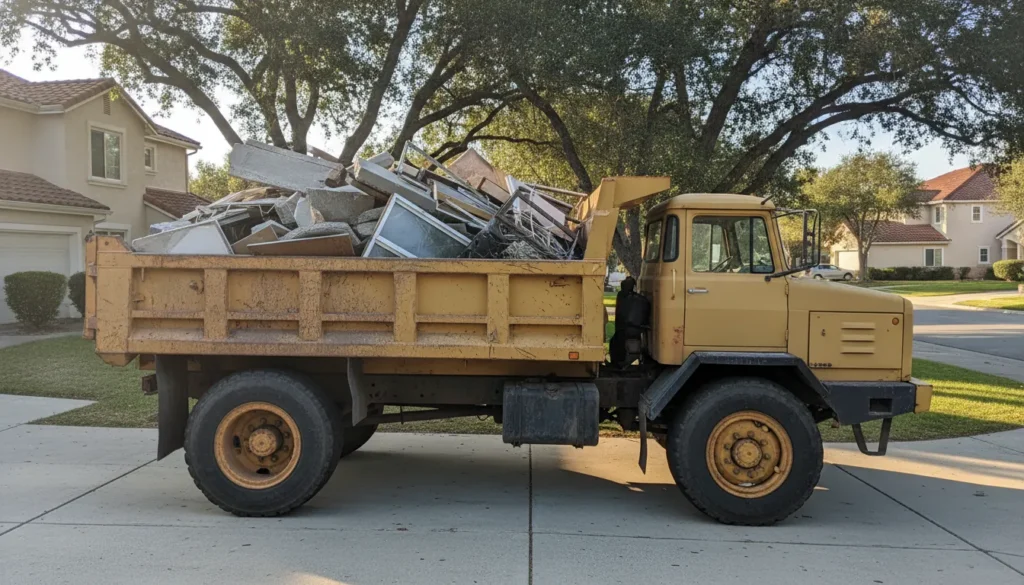 Junk removal truck loaded with renovation debris in a sunny California driveway