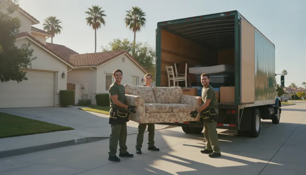 Junk removal crew loading furniture into a hauling truck in sunny California