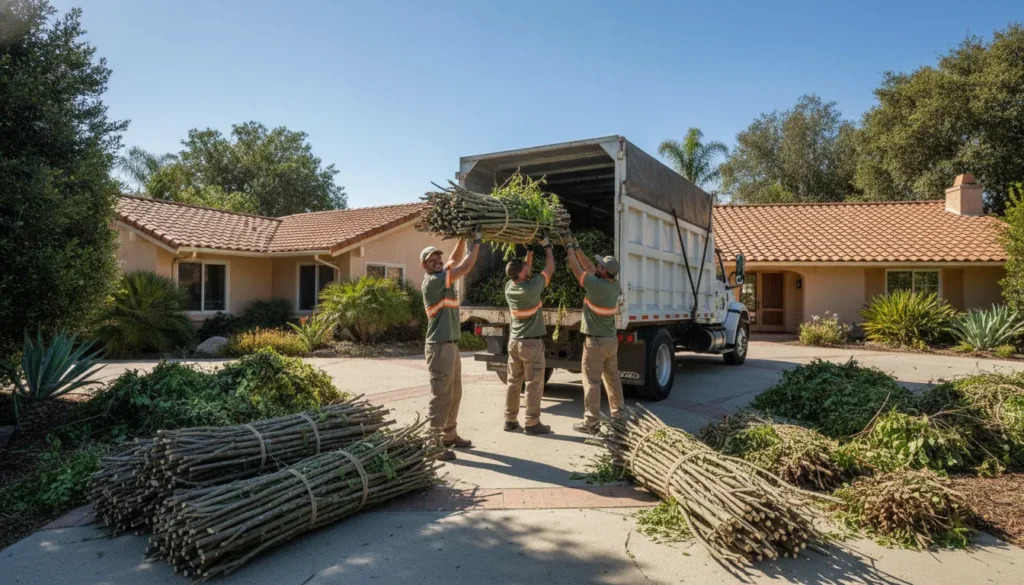Junk removal crew loading yard debris branches and green waste onto a truck at a California home