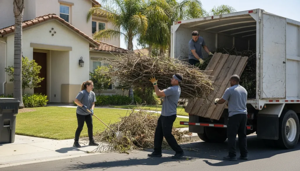 Professional crew loading large yard debris branches and fencing into a truck at a California home