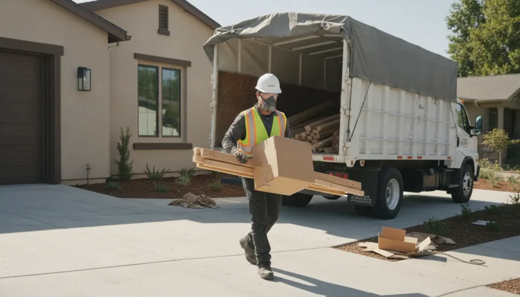 Worker hauling sorted construction debris beside a California home renovation