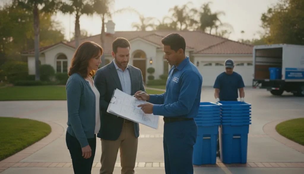 Family member and property manager discussing an estate cleanout plan with a professional crew leader