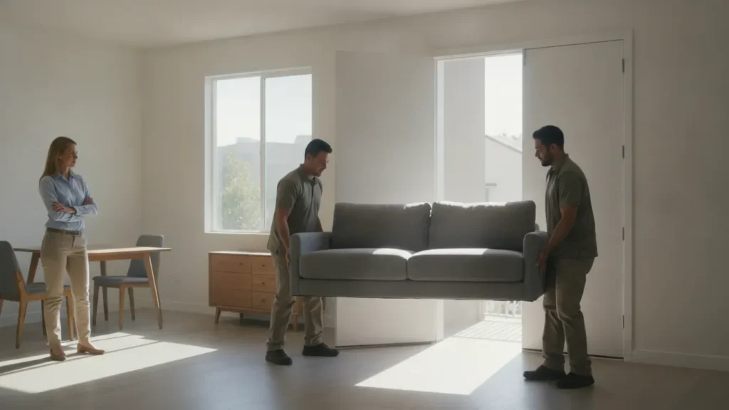 Professional crew carrying a sofa from a vacant apartment during an eviction cleanout