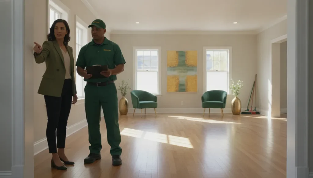 Property manager reviewing a cleared foreclosure property with a professional cleanout crew