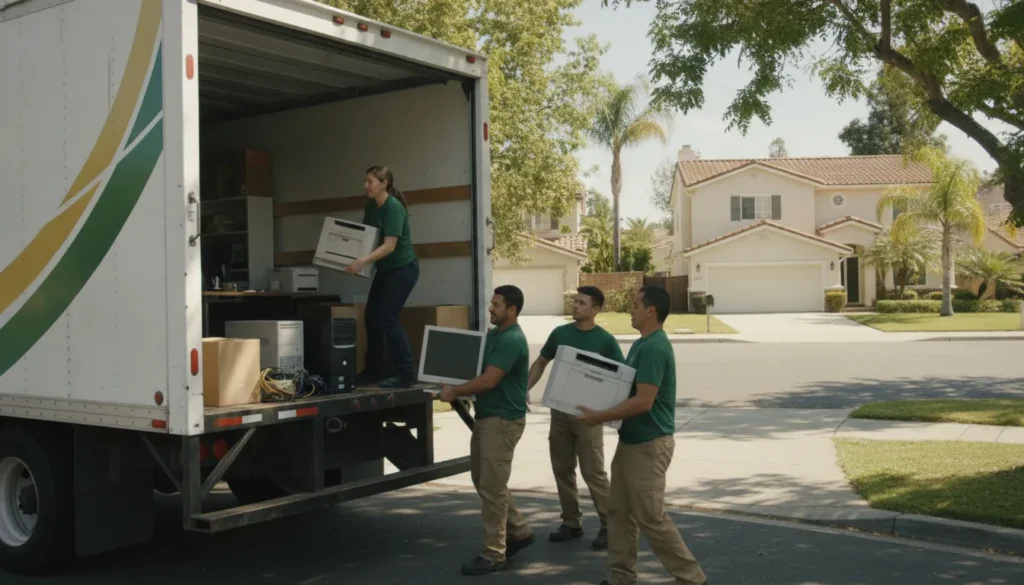Professional crew loading computers and monitors for Fullerton e-waste pickup