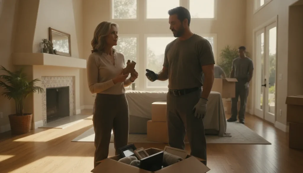 Family member reviewing an estate cleanout with a professional crew