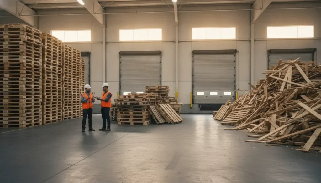 California warehouse with reusable, repairable, and damaged pallets separated for pallet recycling