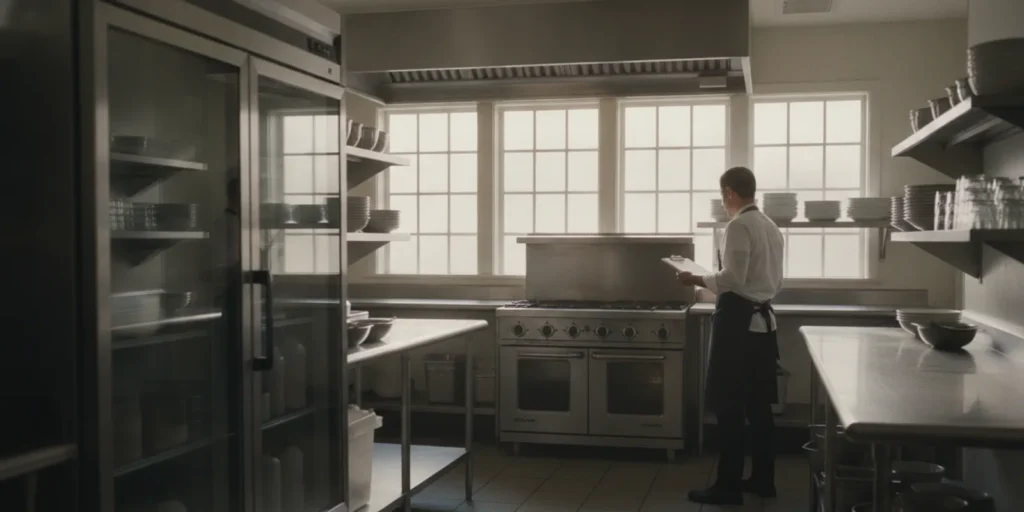 Commercial kitchen equipment arranged in a clean restaurant kitchen before a planned closure