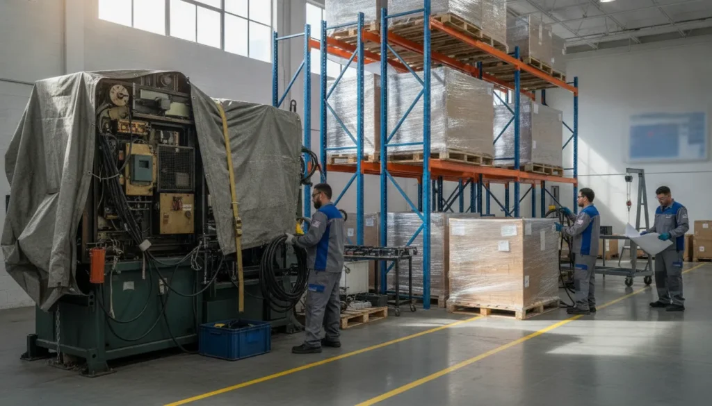 Crew preparing industrial equipment for removal inside a California warehouse