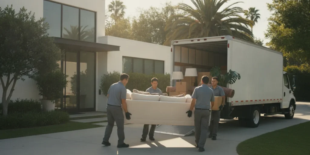Removal crew carrying household furniture from a Costa Mesa home toward a truck