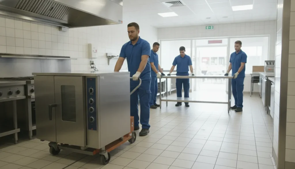 Crew moving commercial kitchen equipment during restaurant equipment removal